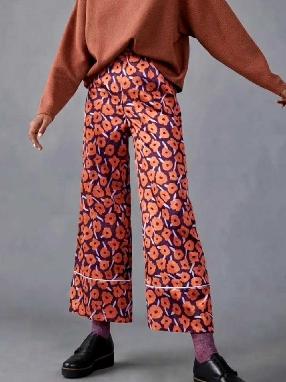 Anthropologie| Hutch| Orange Poppy Floral Wide Leg Satin Flowy Pants Sz L